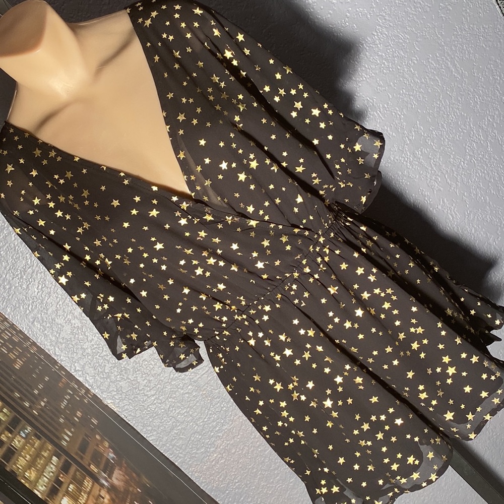 IF BY SEA - black shorts romper s/s w gold stars sheer mesh overlay, deepV - L